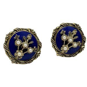 Trifari Gold Tone Vintage Blue Enamel Pearl Flower Clip-On Earrings